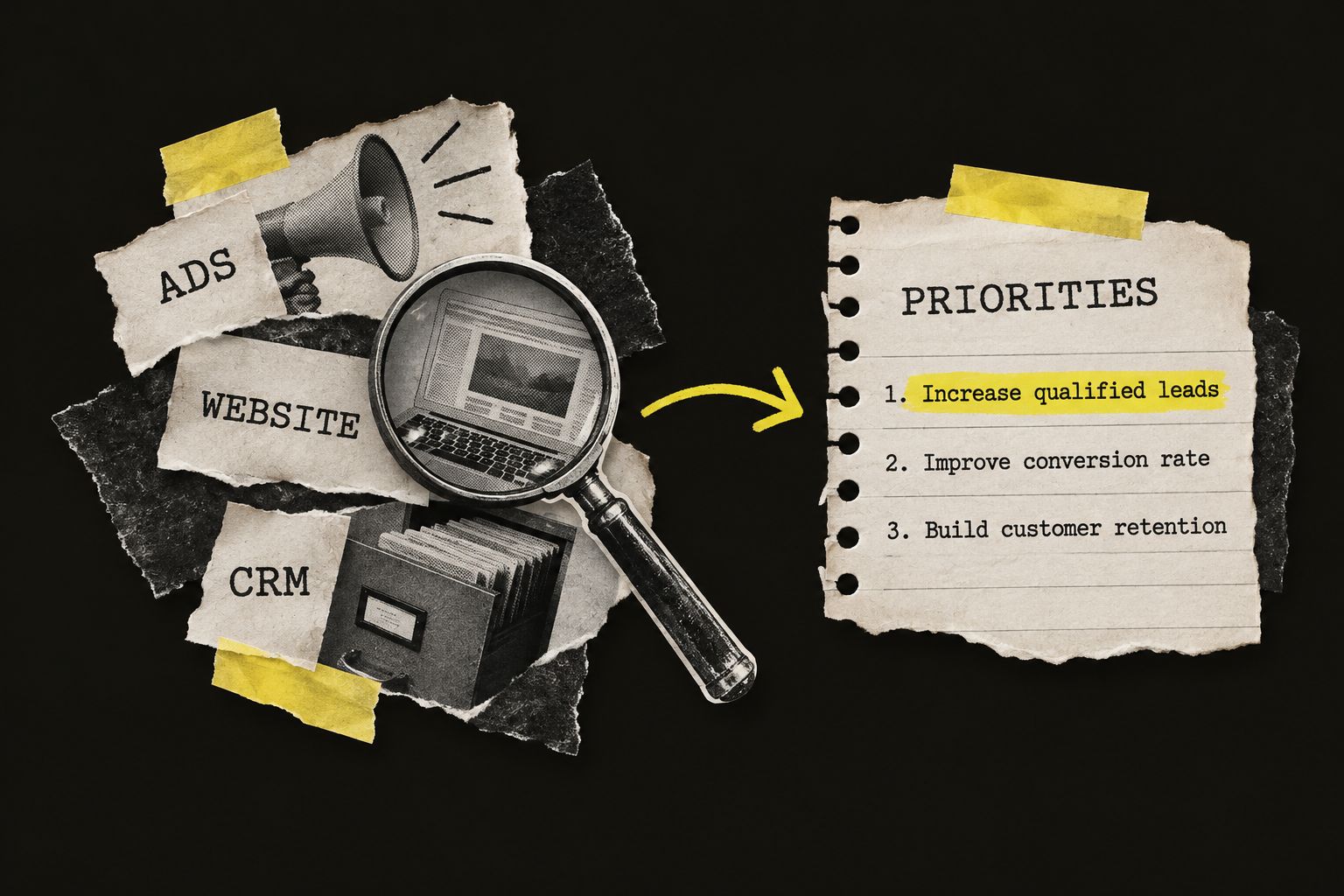 Paper collage: notes on ads, website and CRM under a magnifying glass, with an arrow to a ranked list of priorities.