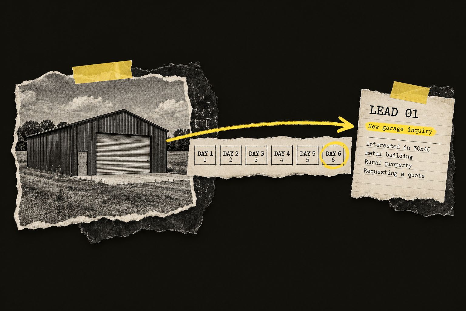 Paper collage: a steel garage photo, a strip of six days with day six circled, and an arrow to a card marked lead 01.