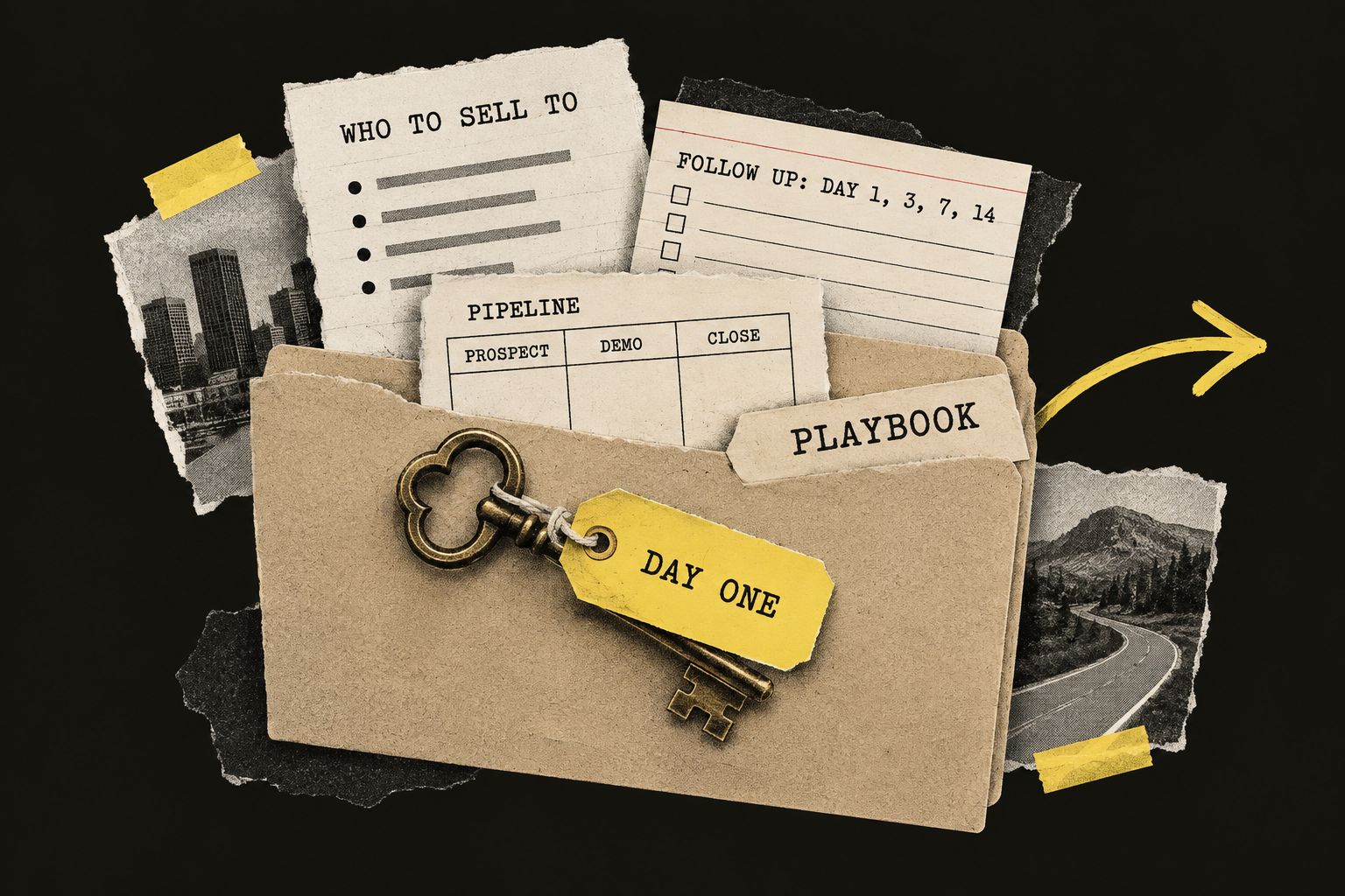Paper collage: a folder marked playbook with a who to sell to sheet, a follow up card and a key tagged day one.