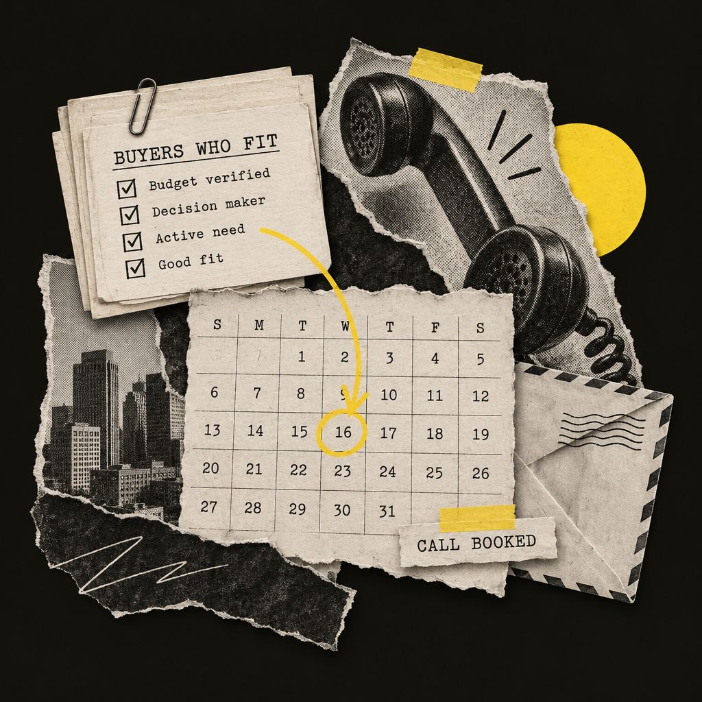 Paper collage: a checklist of buyers who fit, an arrow to a circled day on a calendar marked call booked.