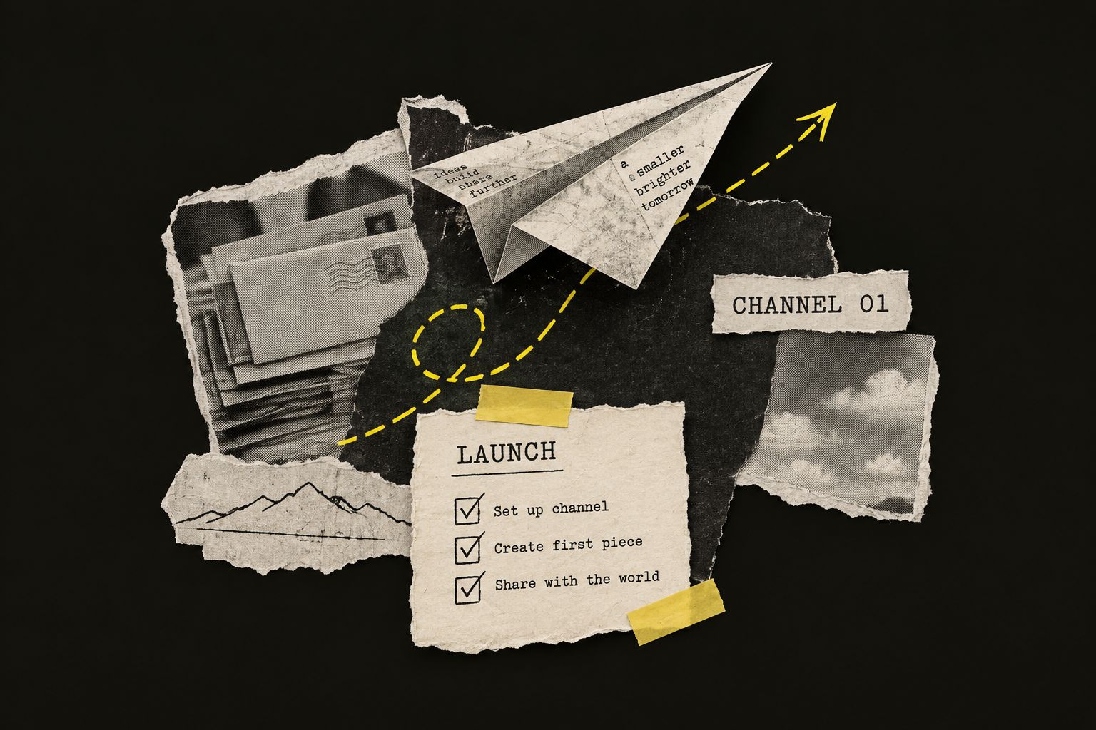 Paper collage: a paper airplane taking off from a launch checklist for the first channel.