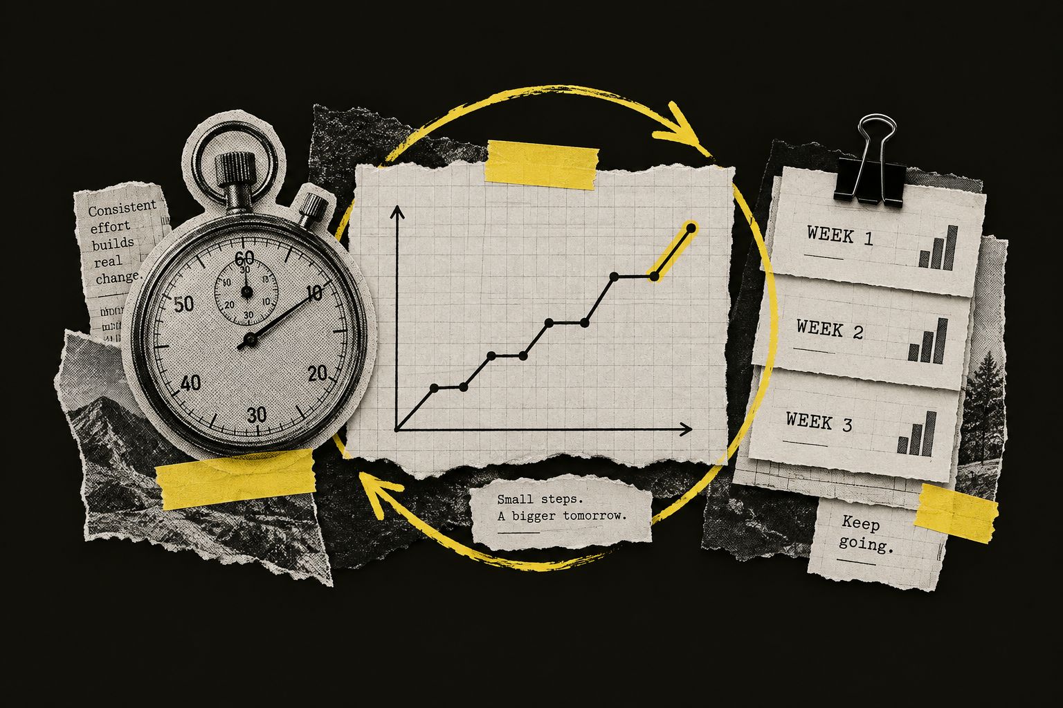 Paper collage: a stopwatch, a stepped growth chart and weekly report cards, circled by a yellow arrow.